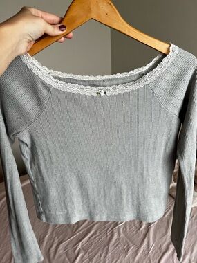 Aeropostale Light Gray Lace-Trim Ribbed Tank Top